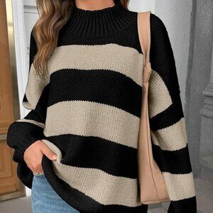 NEW! Women's Oversized Striped Sweater Mock Neck Chunky Knit Long Sleeve